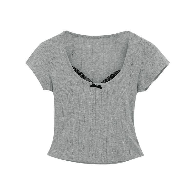 Top Scoop Neck Short Sleeve Crop Lace Trim