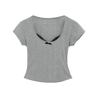 Top Scoop Neck Short Sleeve Crop Lace Trim