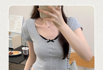 Top Scoop Neck Short Sleeve Crop Lace Trim