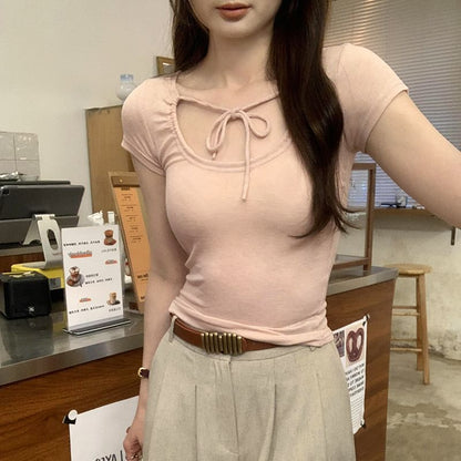 Plain Crop Top U-Neck Short-Sleeve