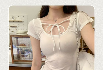 Plain Crop Top U-Neck Short-Sleeve