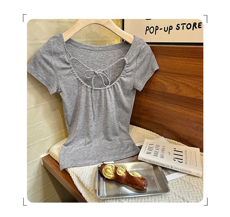 Plain Crop Top U-Neck Short-Sleeve