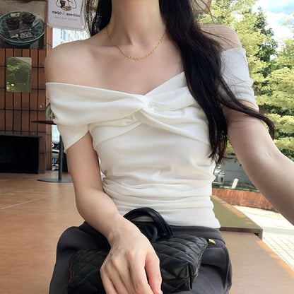 Plain Short-Sleeve Top Off Shoulder Twisted