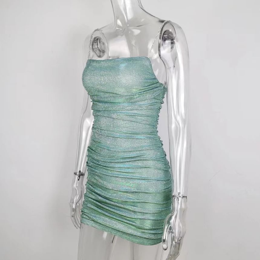 Spaghetti Strap Plain Ruched Mini Bodycon Dress
