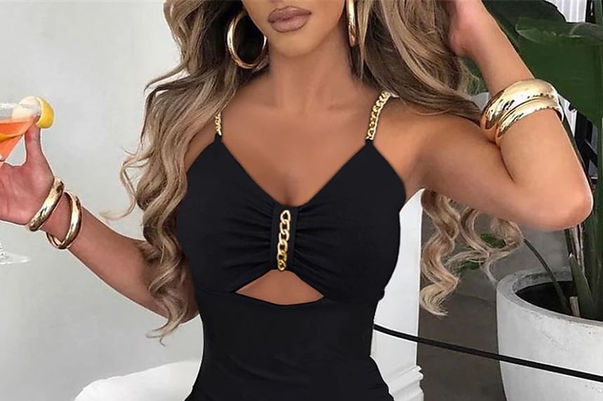 Spaghetti Strap V-Neck Plain Chain Slit Midi Bodycon Dress