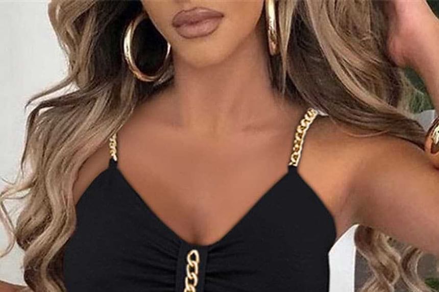 Spaghetti Strap V-Neck Plain Chain Slit Midi Bodycon Dress