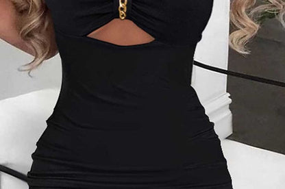 Spaghetti Strap V-Neck Plain Chain Slit Midi Bodycon Dress