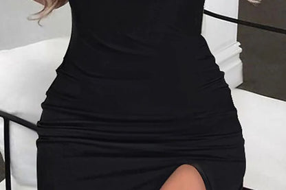 Spaghetti Strap V-Neck Plain Chain Slit Midi Bodycon Dress