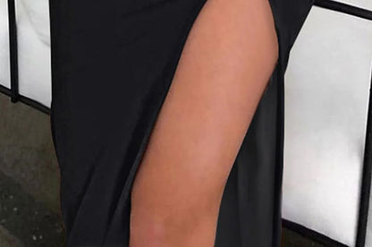 Spaghetti Strap V-Neck Plain Chain Slit Midi Bodycon Dress