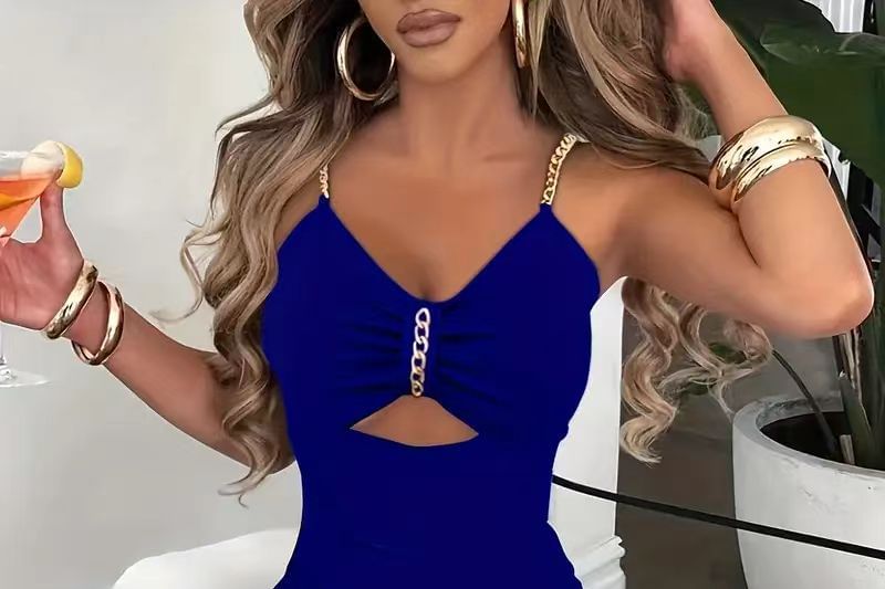 Spaghetti Strap V-Neck Plain Chain Slit Midi Bodycon Dress