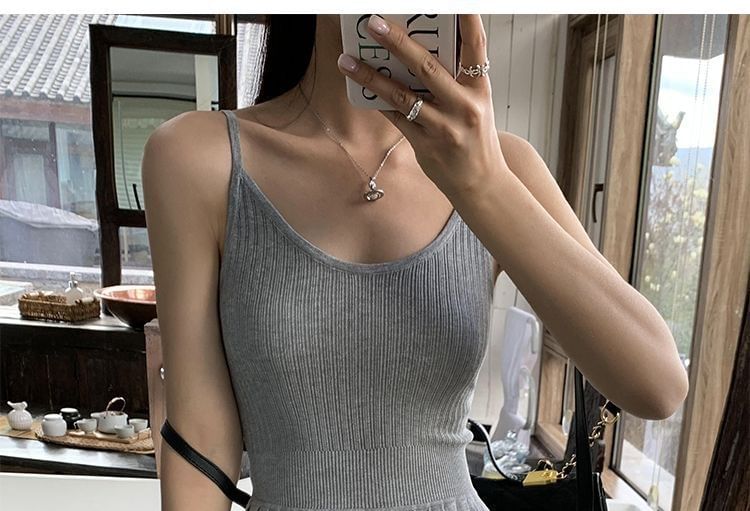 Spaghetti Strap Plain Mini A-Line Knit Dress