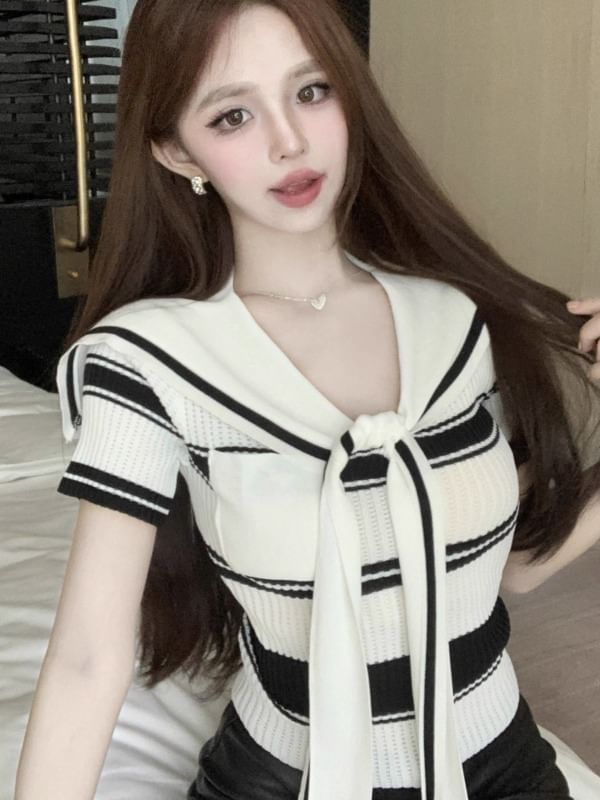 Striped Ribbed Knit Top with Sailor Collar and Short Sleeves