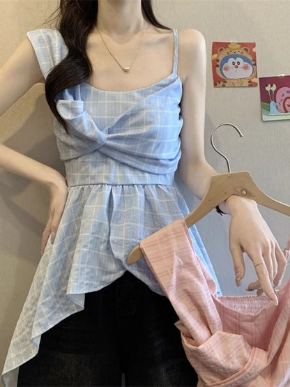 Asymmetrical Plaid Peplum Camisole Top with Flared Hem Detail