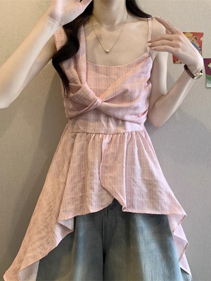 Asymmetrical Plaid Peplum Camisole Top with Flared Hem Detail