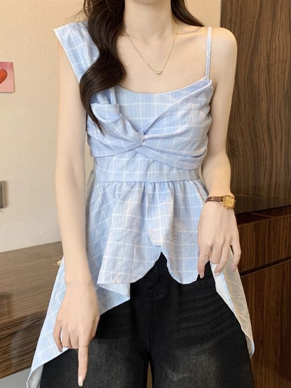 Asymmetrical Plaid Peplum Camisole Top with Flared Hem Detail