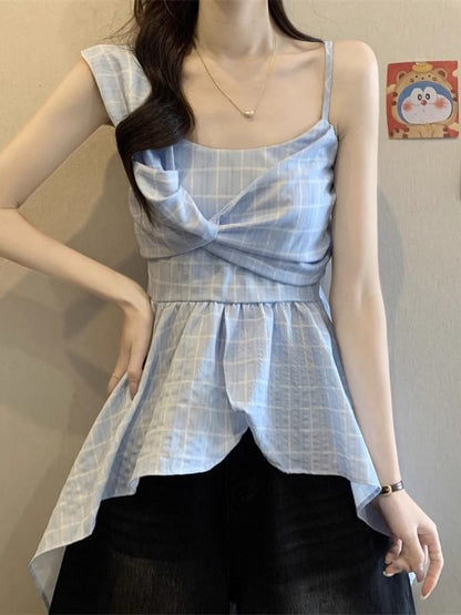 Asymmetrical Plaid Peplum Camisole Top with Flared Hem Detail
