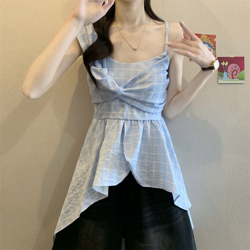 Asymmetrical Plaid Peplum Camisole Top with Flared Hem Detail