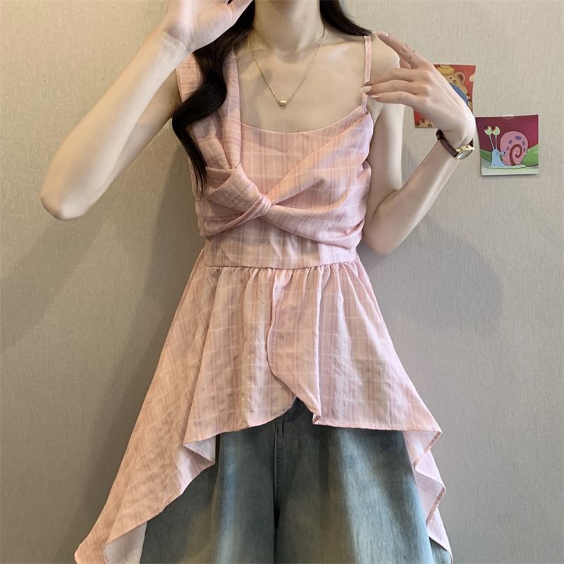 Asymmetrical Plaid Peplum Camisole Top with Flared Hem Detail
