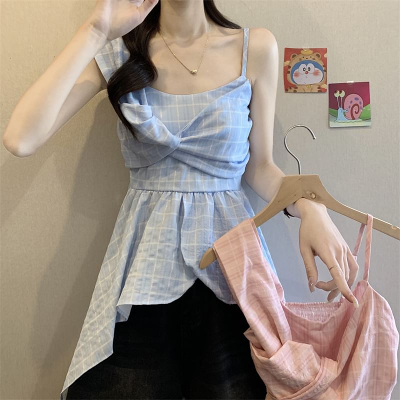 Asymmetrical Plaid Peplum Camisole Top with Flared Hem Detail
