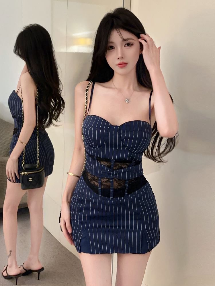 Lace Panel Pinstriped Cami Top Paired with High-Rise Slit Mini Pencil Skirt