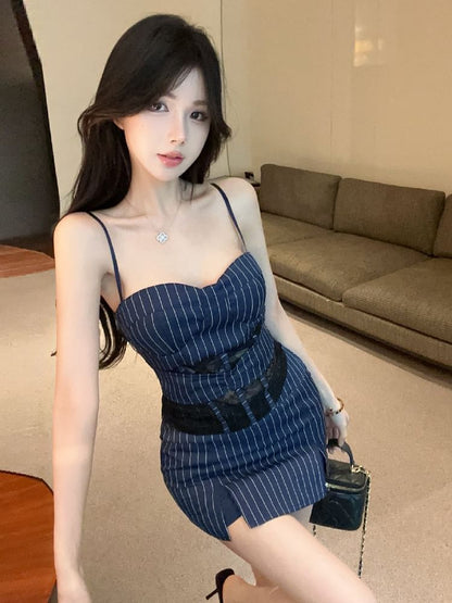 Lace Panel Pinstriped Cami Top Paired with High-Rise Slit Mini Pencil Skirt
