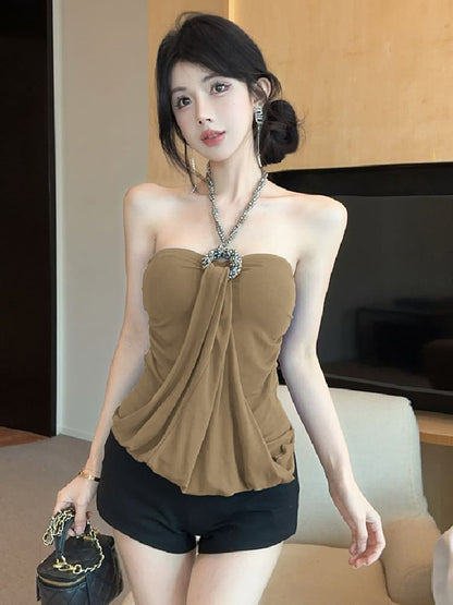 Beaded Ruched Halter Top with Plain Finish and Elegant Draped Silhouette