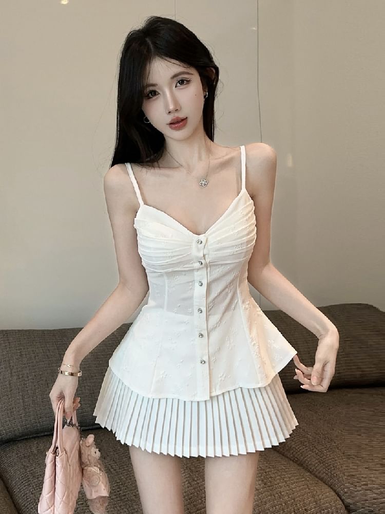Ruched Button Camisole with V-Neck and Plain Finish, Accordion Pleated High-Waist Mini A-Line Skirt