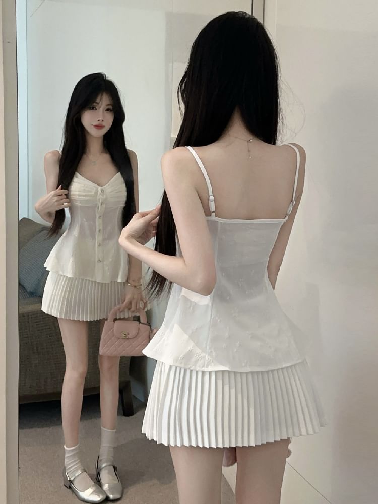 Ruched Button Camisole with V-Neck and Plain Finish, Accordion Pleated High-Waist Mini A-Line Skirt