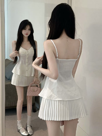 Ruched Button Camisole with V-Neck and Plain Finish, Accordion Pleated High-Waist Mini A-Line Skirt