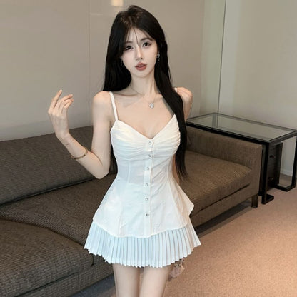 Ruched Button Camisole with V-Neck and Plain Finish, Accordion Pleated High-Waist Mini A-Line Skirt