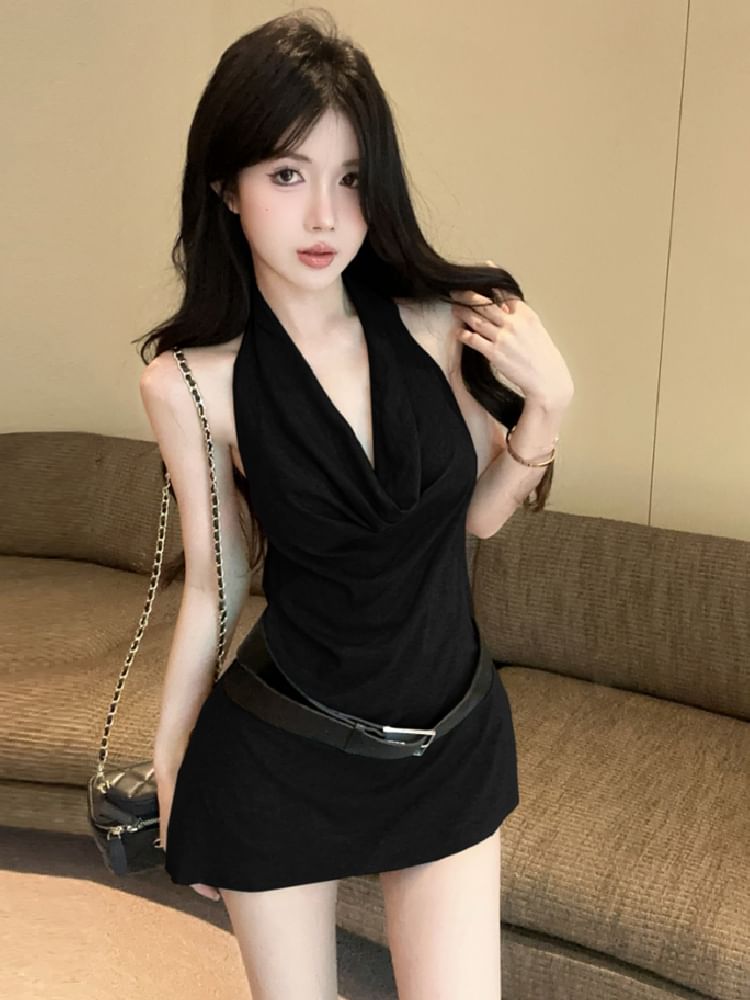 Cowl Neck Halter Top with Plain Slit Detail and Sleek Draped Look