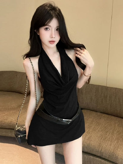 Cowl Neck Halter Top with Plain Slit Detail and Sleek Draped Look