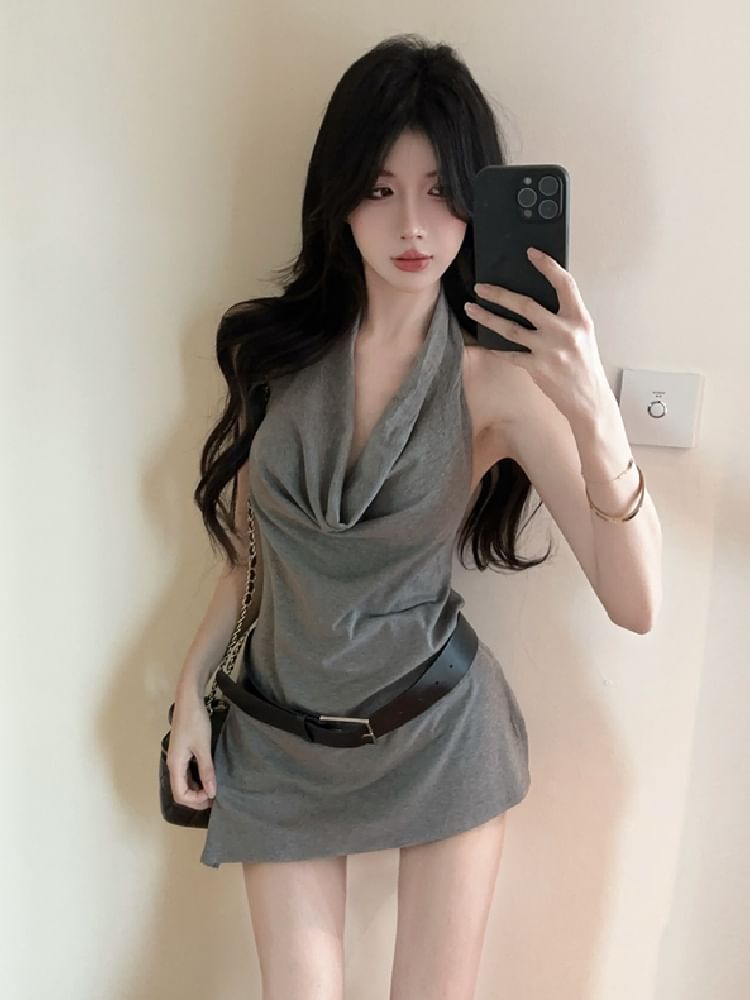 Cowl Neck Halter Top with Plain Slit Detail and Sleek Draped Look