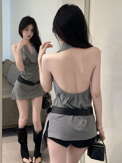 Cowl Neck Halter Top with Plain Slit Detail and Sleek Draped Look