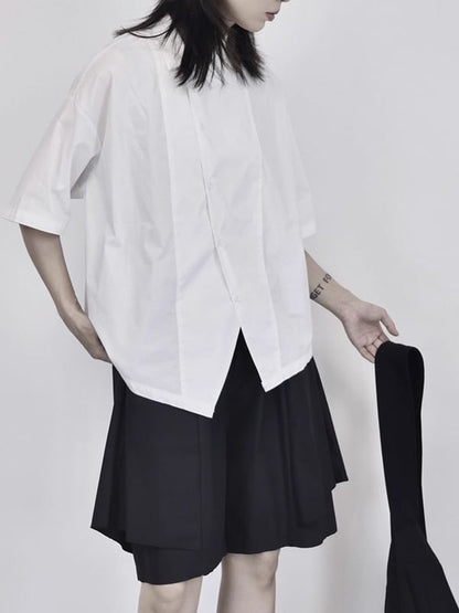 Asymmetrical Plain Shirt with Short Sleeves and Modern Cut