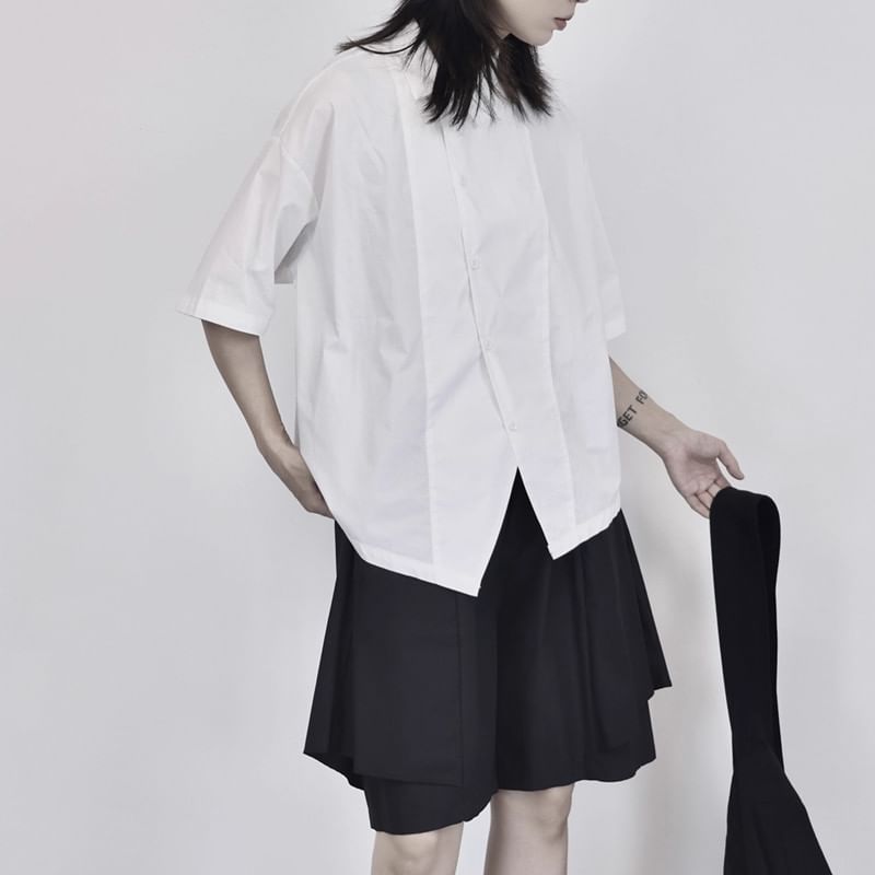Asymmetrical Plain Shirt with Short Sleeves and Modern Cut