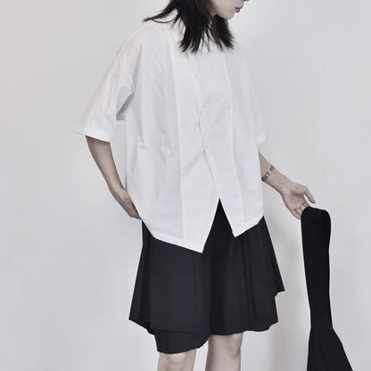 Asymmetrical Plain Shirt with Short Sleeves and Modern Cut