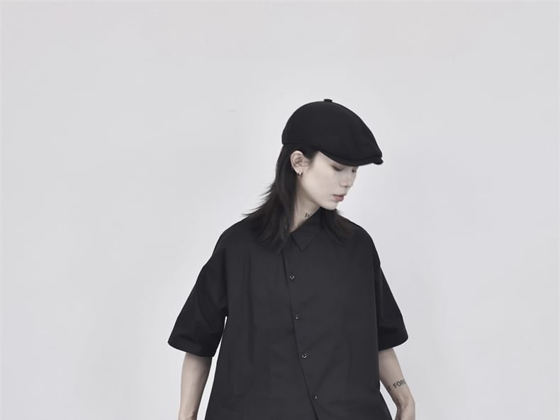 Asymmetrical Plain Shirt with Short Sleeves and Modern Cut