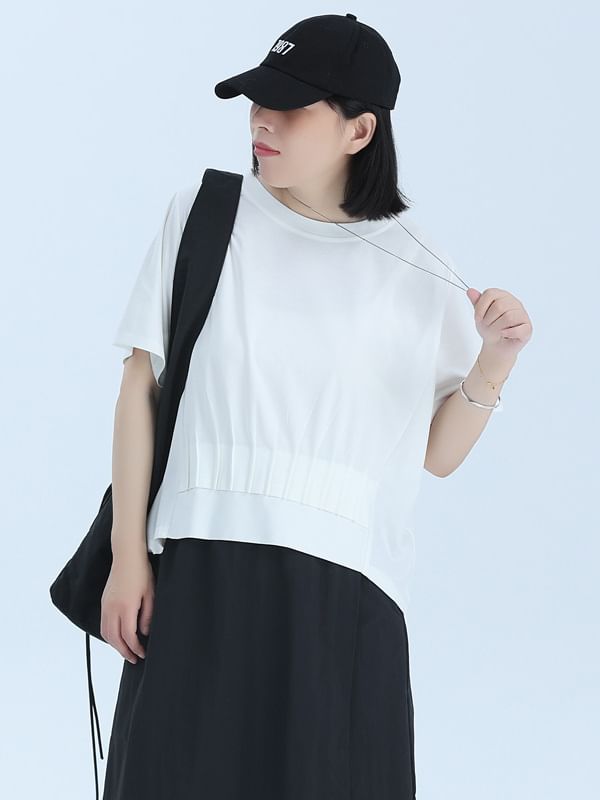 Cinched Plain T-Shirt with Short Sleeves and Round Crewneck Neckline