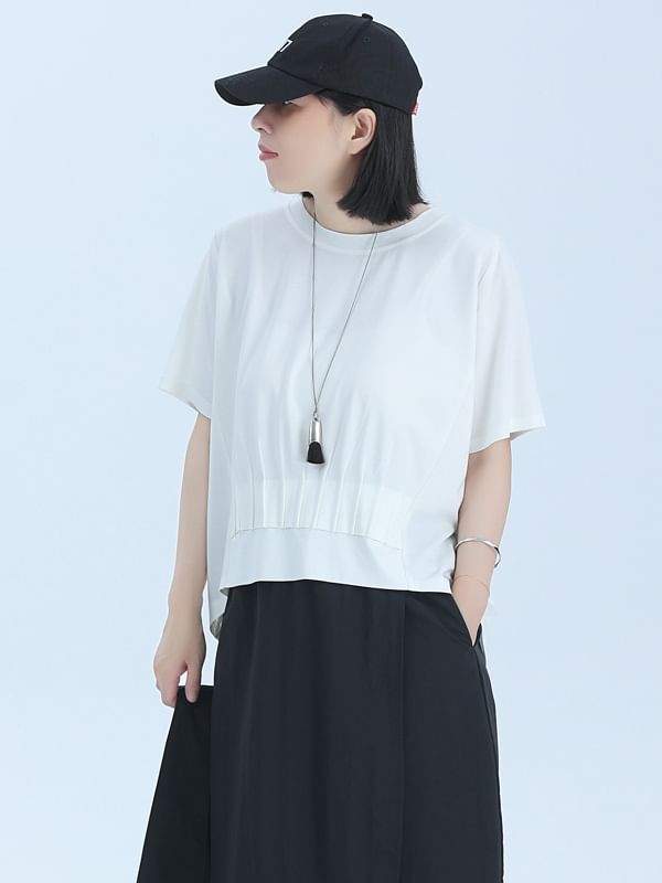 Cinched Plain T-Shirt with Short Sleeves and Round Crewneck Neckline