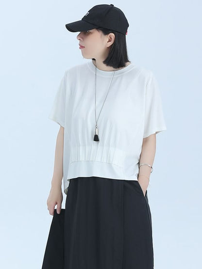 Cinched Plain T-Shirt with Short Sleeves and Round Crewneck Neckline