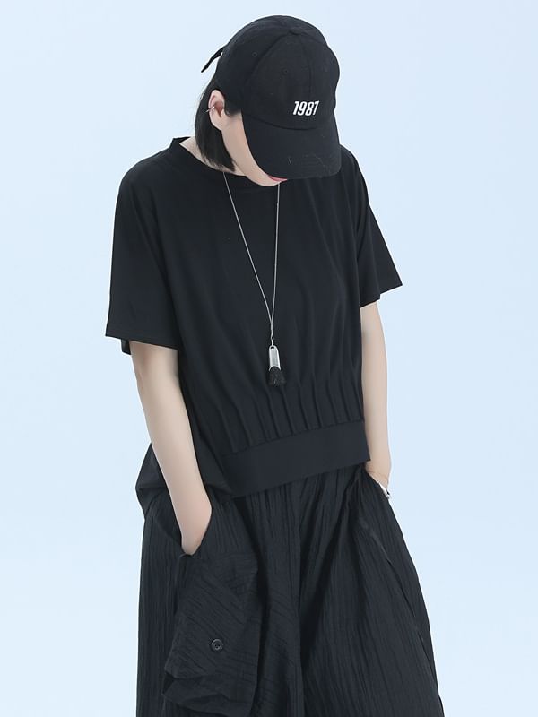 Cinched Plain T-Shirt with Short Sleeves and Round Crewneck Neckline