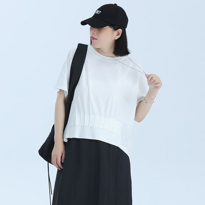 Cinched Plain T-Shirt with Short Sleeves and Round Crewneck Neckline