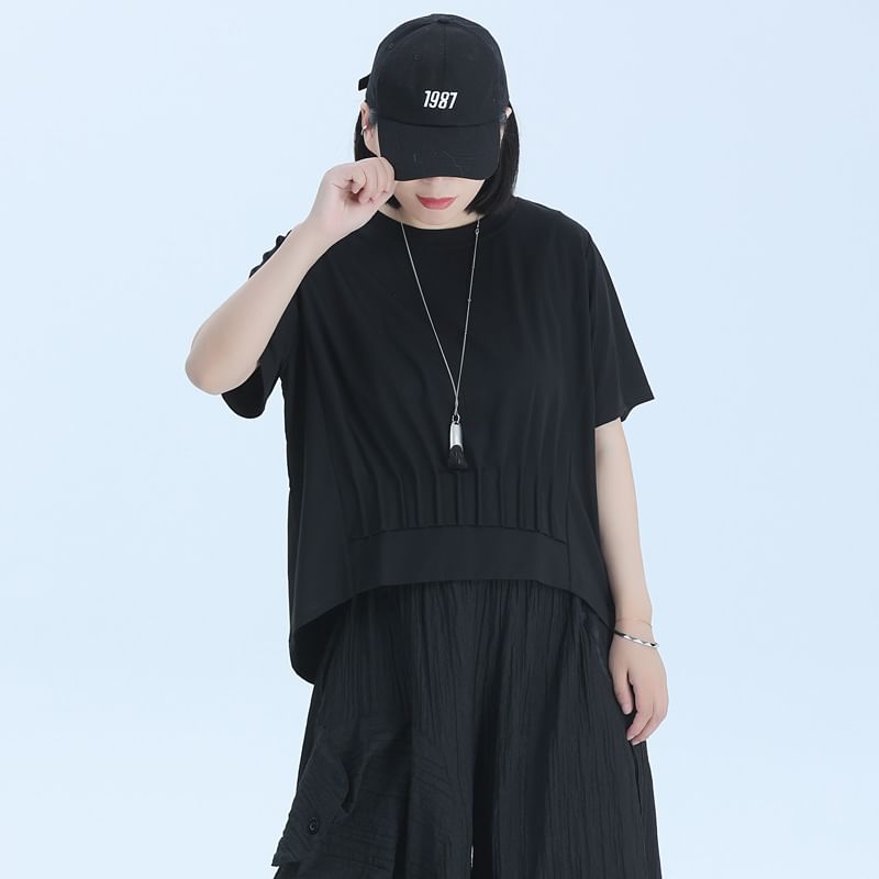 Cinched Plain T-Shirt with Short Sleeves and Round Crewneck Neckline