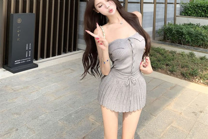 Strapless Button-Up Knit Tube Top with Plain Finish, High-Rise Mini Pleated Skirt Set