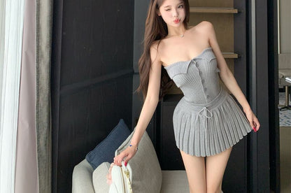 Strapless Button-Up Knit Tube Top with Plain Finish, High-Rise Mini Pleated Skirt Set