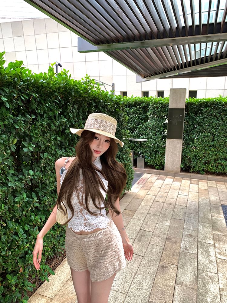 Plain Lace Crop Top Sleeveless with Round Neck, Fringe Shorts and Flared Pants Set
