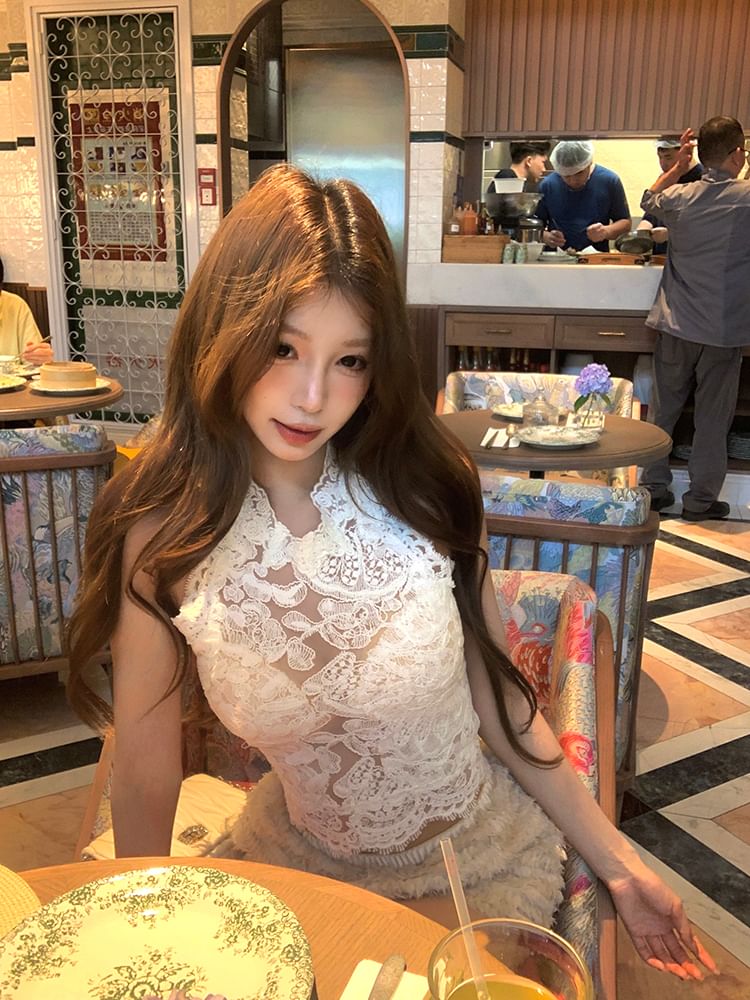 Plain Lace Crop Top Sleeveless with Round Neck, Fringe Shorts and Flared Pants Set