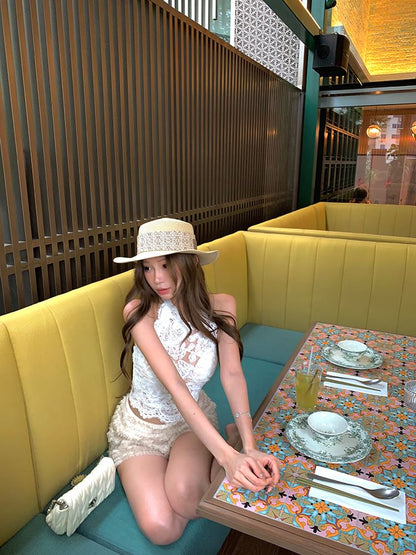 Plain Lace Crop Top Sleeveless with Round Neck, Fringe Shorts and Flared Pants Set