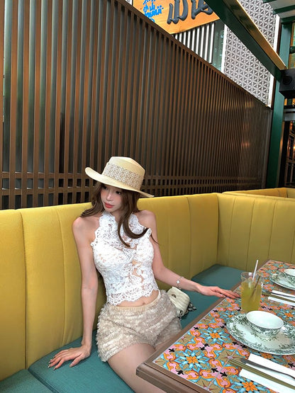 Plain Lace Crop Top Sleeveless with Round Neck, Fringe Shorts and Flared Pants Set